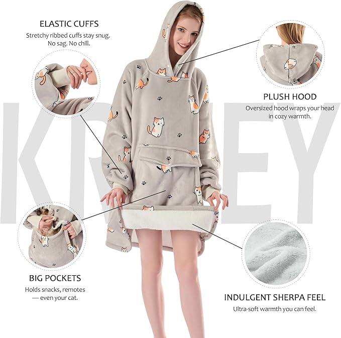 Krifey Wearable Blanket Hoodie, Oversized Sherpa Fleece Sweatshirt with Giant Pocket, Birthday Gifts for Women, Mom, Sister, Chill Cat
