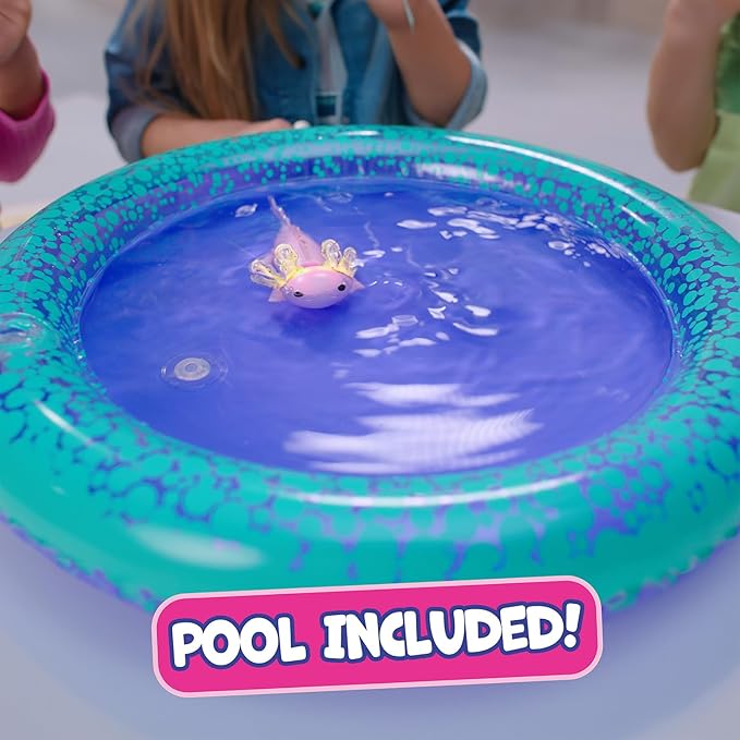 Fingerlings Interactive Baby Axolotl with Inflatable Pool, Alix, Swims and Lights Up in Water, Rainbow Lights Tell Your Mood (Ages 5+)