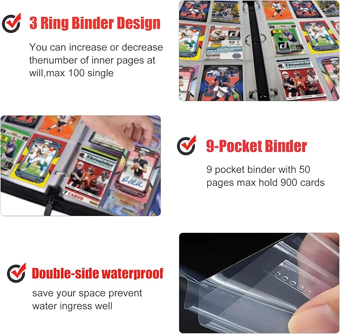 900 Pockets Football Card Binder, Portable Waterproof Storage Card Album with Removable Sleeves for Sports Football Cards 2025 2026 Collectors(laser silver hot stamping)