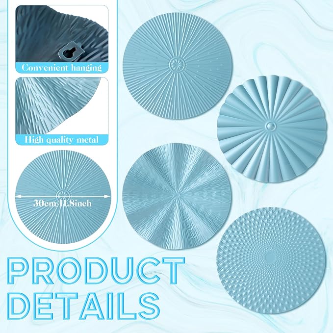 Hicarer 4 Pcs 12 Inch Blue Metal Wall Art Decor Modern Sunburst Hanging Artwork Decor Wall Decorations for Home Bedroom Bathroom Living Room Office Sculpture