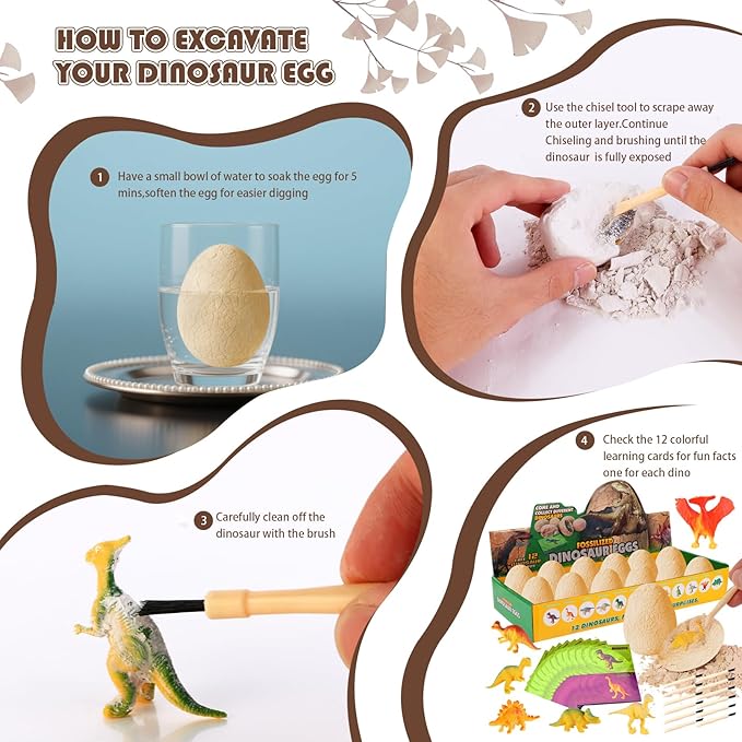 Dinosaur Eggs Toys, 12PCS Dino Eggs Excavation Dig Kit, Dinosaur Fossil Digging Kit Toys for Kids, Dinosaur Party Favors, Archaeology Science STEM Christmas Birthday Easter Digging Gift for Boys Girls