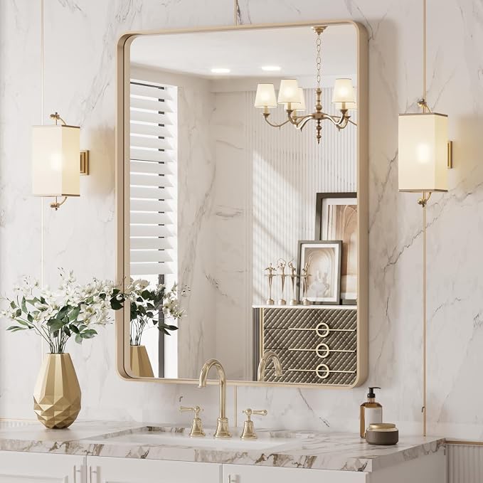 LOAAO 24"X32" Gold Bathroom Mirror | Rounded Rectangle, Brushed Gold Frame, Wall-Mounted, Anti-Rust, Hangs Horizontally or Vertically
