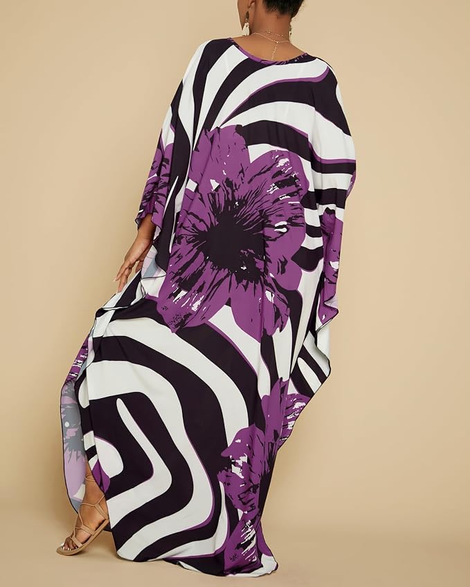 Bsubseach Kaftan Dresses for Women Floral Print Plus Size Beach Cover Up | Lightweight V Neck Loose Fit Boho Dress, Batwing Sleeve Side Slit, Moo Moos for Women Home Loungwear Cruise Resort Wear