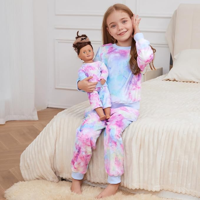 QPANCY Matching Doll & Girls Fleece Pjs Set kids Fall Winter Long Sleeve Sleepwear 2 Piece Pajamas