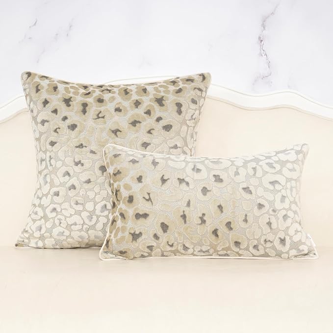 Alerfa Beige Floral Throw Pillow Cover 12 x 20 Inch Cut Velvet Rectange Luxury Decorative Lumbar Pillow Cover for Couch Living Room Bedroom