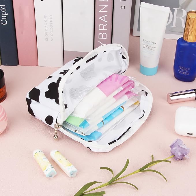 Sanitary Pad Storage Bag Portable Period Bag for Teen Pads/Sanitary Napkins/Small Tampons, Sanitary Napkin Storage Bag First Period Gifts for Teen Girls (Cow)