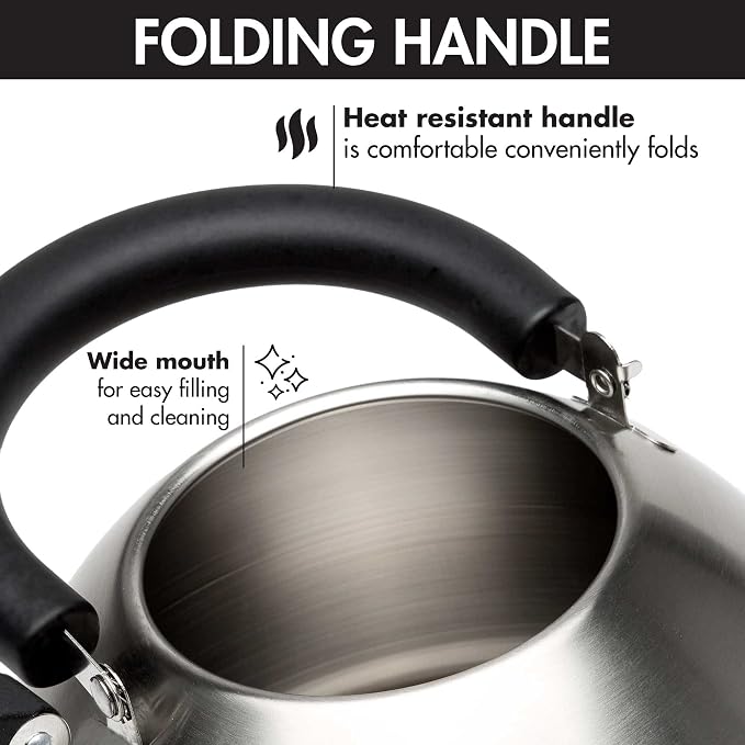 Primula Stewart Whistling Tea Kettle for Stovetop, Stainless Steel Stove Top Kettle with Fast Boil Whistling Spout and Cool Touch Folding Handle, 1.5-Quart, Brushed Silver with Black Handle