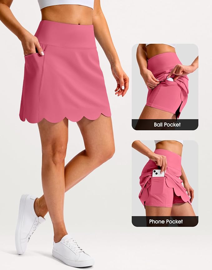 16" Skorts for Women with 4 Pockets High Waisted Scalloped Hem Athletic Tennis Skirt Golf Skort Dressy Casual