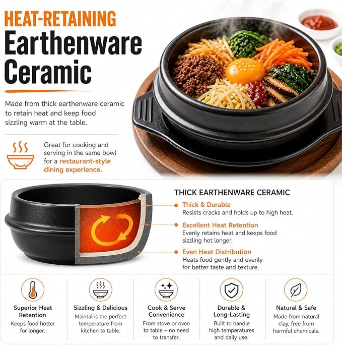 XICHENGSHIDAI Korean Stone Bowl, Dolsot with Tray, 51 Oz, Black | Heat-retaining bowl with tray for bibimbap, soup, stew and ramen; suitable for gas stovetops and ovens, not induction.