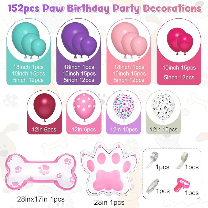 147Pcs Paw Balloons Garland Arch Kit with Dog Paw Print Balloons Pink Purple Turquoise Confetti Balloon for Girls Puppy Themed Birthday Baby Shower Party Decorations
