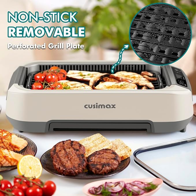 Smokeless Indoor Grill, CUSIMAX Electric Grill 1500W Korean BBQ Grill White | Adjusting Temperature/Smart LED Display/Non-stick Removable Grill Plate/Turbo Smoke Extractor/Tempered Glass Lid/Easy Cleanup