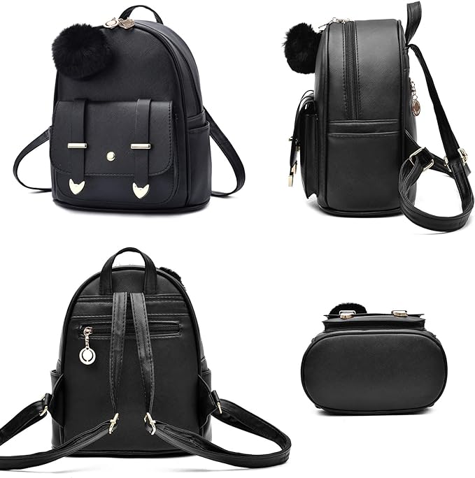 I IHAYNER Girls Fashion Backpack Mini Backpack Purse for Women Teenage Girls Purses PU Leather Pompom Backpack Shoulder Bag