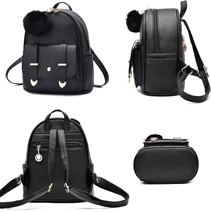 I IHAYNER Girls Fashion Backpack Mini Backpack Purse for Women Teenage Girls Purses PU Leather Pompom Backpack Shoulder Bag