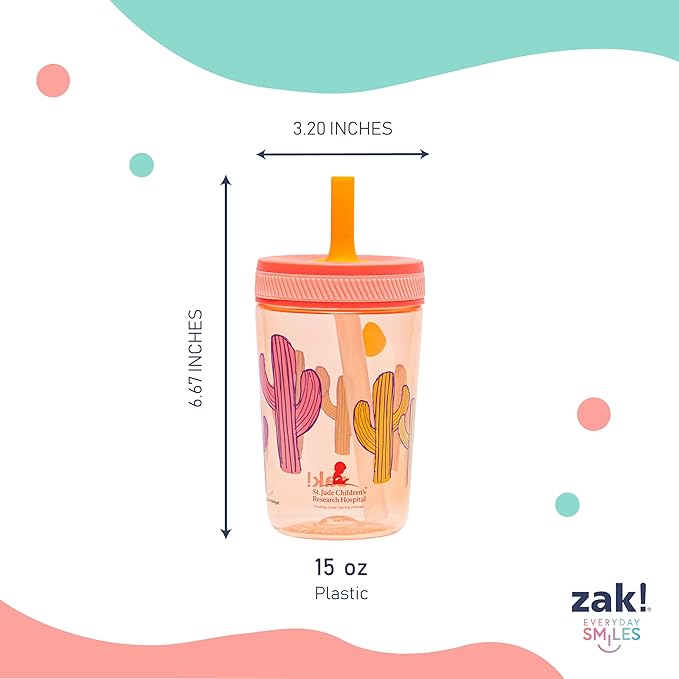 Zak Designs St. Jude Kelso Toddler Tumblers For Travel or At Home, 15oz 2-Pack Durable Plastic Sippy Cups With Leak-Proof Design is Perfect For Kids (Floral and Cactus)