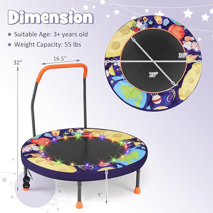 GYMAX 36” Toddler Trampoline with Lights, Folding Springless ASTM Approved Small Kids Rebounder with Foam Handle, Safety Padded Cover & Foldable Legs, Mini Indoor Baby Trampolines