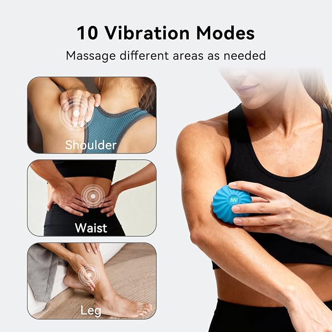 2.4" Mini Electric Vibrating Massage Ball, 10-Speed Fitness Yoga Massage Roller for Palm, Hand, Foot, Leg, Neck, Back, Multi-Directional Massage Ball (Blue)