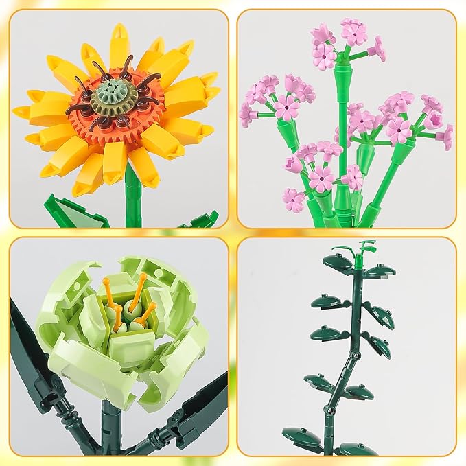 Flower Bouquet Building Blocks Sunflower Botanical Collection Bricks Sets Creative Toys Kits Mother's Day Birthday Aniversary Gifts for Adults Mom Girlfriends Old Kids 8-12, 6-12 (975 PCS)