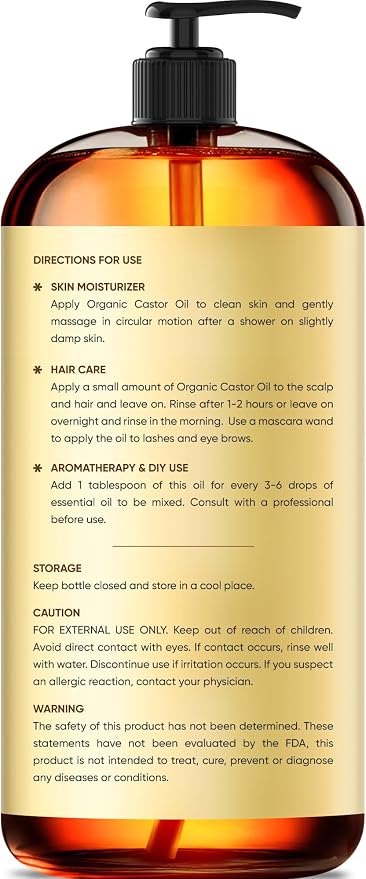 Brooklyn Botany Cold-Pressed Organic Castor Oil | 16 Fl Oz | Hair | Face | Body | 100% Pure and Natural | Carrier Oil | Aromatherapy | Massage | Ayurvedic Hair Care | Hexane-Free