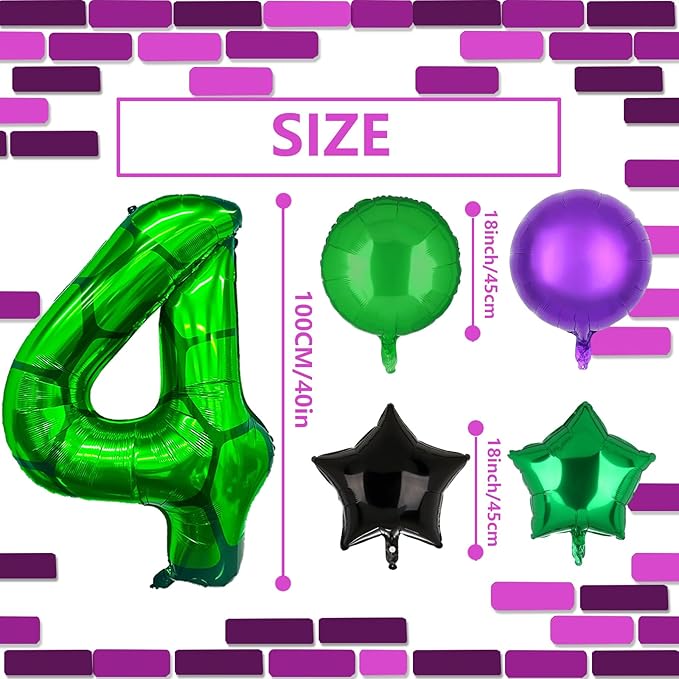 5Pcs Cartoon Turtle Theme Birthday Decorations 40 Inch Number 4 Foil Balloons Super Green Turtle Themed Hero Large Mylar 4th Number Balloon Video Game Pizza Balloons Party Favors Purple