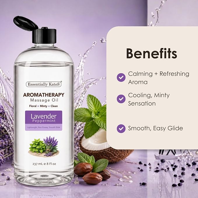 Aromatherapy Massage Oil – Lavender & Peppermint – Lightweight, Non-Greasy Body Oil with Fractionated Coconut Oil – Calming & Refreshing – 8 fl oz