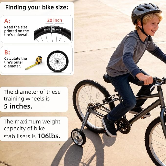 Kids Bike Training Wheels For 16 inch, 18 inch, 20 inch, 22 inch, 24 inch bicycle, Adjustable for Multi-speed Bike Includes Stabilizers Kits, Training Wheels for Boy & Girl 1 Pair, Gray