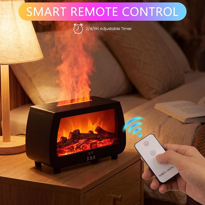 Flame Effect Humidifier, Fireplace Diffuser with Remote & Timer | 200ml quiet humidifier with RGB flame lights & sound pickup. Creates cozy fireplace ambiance for home, bedroom, and office.