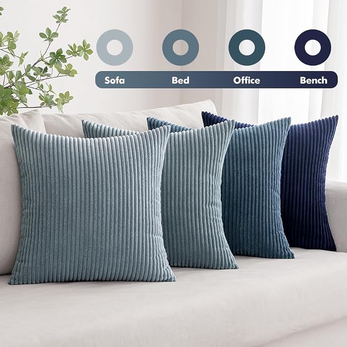MIULEE Soft Corduroy Decorative Throw Pillow Covers Blue Navy Series 16x16 | Set of 4, Modern Nordic Coastal Decor, Classic Blue Palette, Boho Farmhouse Cushion Covers for Couch Bed Sofa Living Room