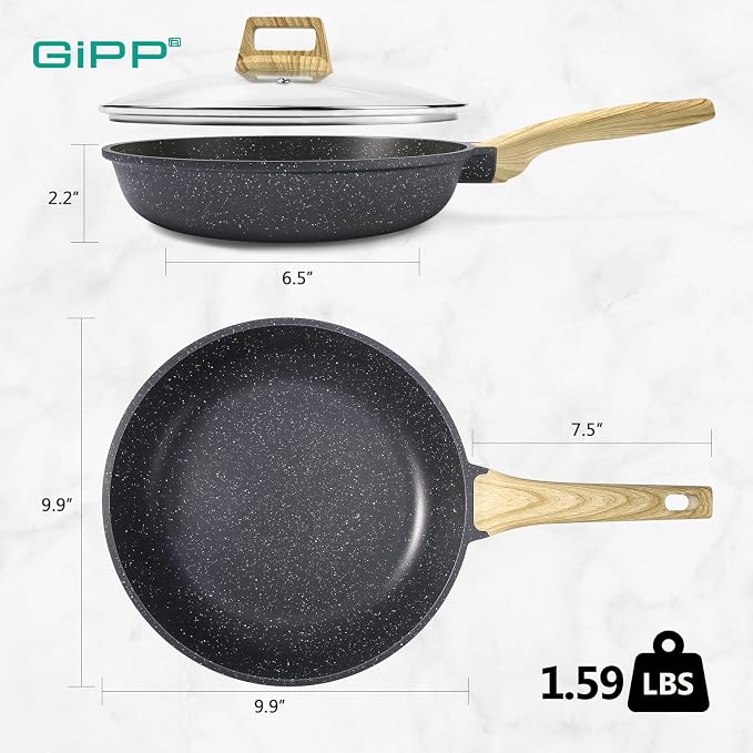 GiPP Nonstick Frying Pan Skillet with Lid - 9.5" Grey Granite Non Stick Pans, Omelette Pan with Heat-Resistant Handle, Compatible with All Stovetops, PFOA Free