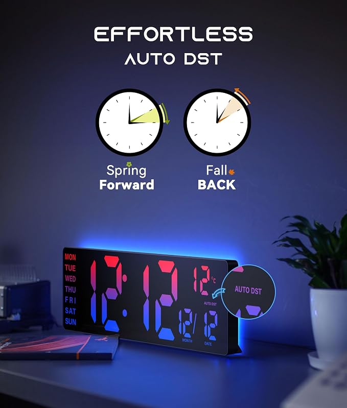 EASYERA 16.5" Large Digital Wall Clock with BT Sync,11 RGB Lights | Classroom Clock Remote Control, Big LED Display, Dual Alarms, Auto DST, Temperature | Gaming