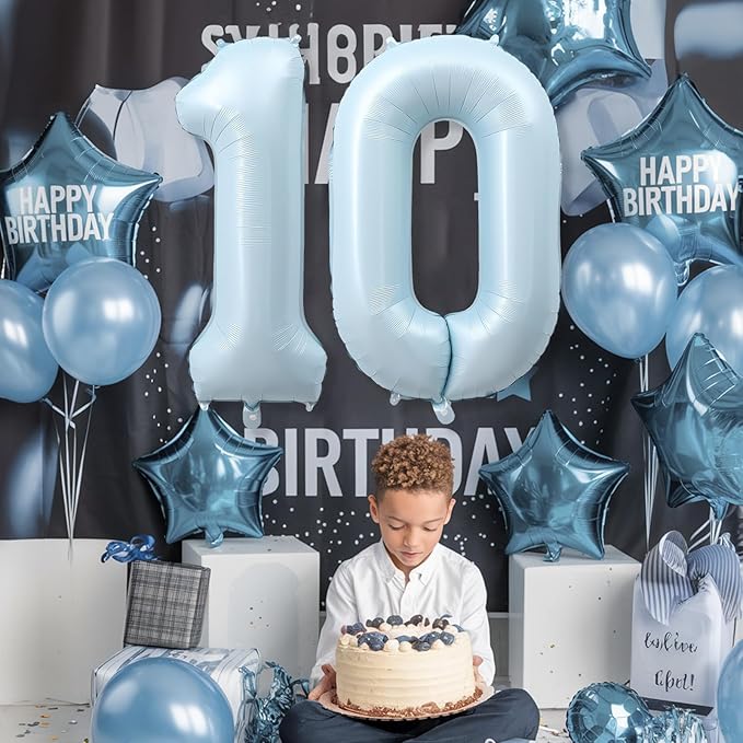 Light Sky Blue Number 0 Balloon, 40'' Pastel Matte Powder Blue Foil Balloons, Globos De Numeros Grandes, Large Mylar Helium Number 0 Balloon for Birthday Party Decor Baby Shower Anniversary Decoration