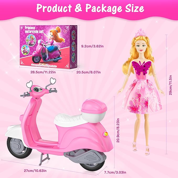 67Pcs Doll Clothes and Accessories with Doll, Motorcycle Scooter Set, Skiing Kit, Pet Set, 10 Shoes, 6 Outfits (Dress/Pants/Casual), Doll Playset Dress Up Toys for Girls Kids Toy Gifts