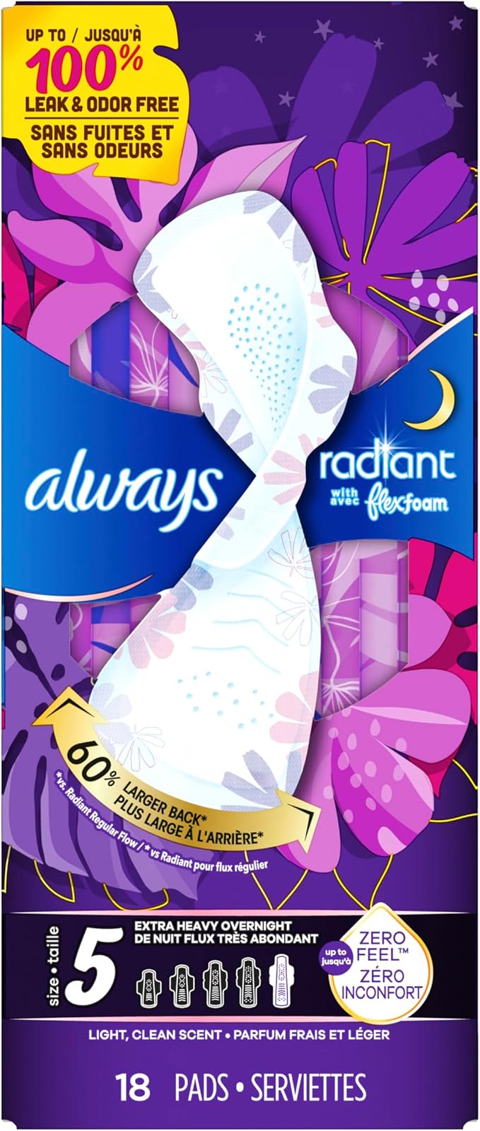Always Radiant Flexfoam Pads for Women, Size 5, Extra Heavy Overnight Absorbency, With Wings, Scented, 18Count
