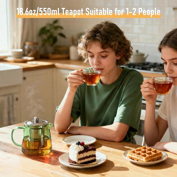 PARACITY Glass Teapot Stovetop 32OZ, Borosilicate Clear Tea Kettle with Removable 18/8 Stainless Steel Infuser, Teapot Blooming and Loose Leaf Tea Maker Tea Brewer (Green, 550ML)