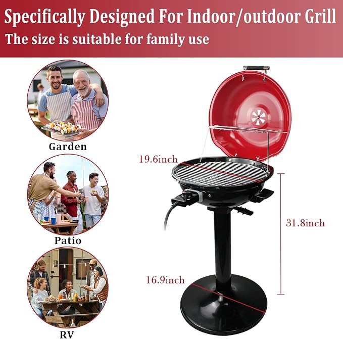 Electric Grill Outdoor BBQ, Techwood 15-Serving Indoor/Outdoor Electric Grill for Indoor & Outdoor Use, Double Layer Design, Portable Removable Stand Grill, 1600W (Stand Red BBQ Grills)
