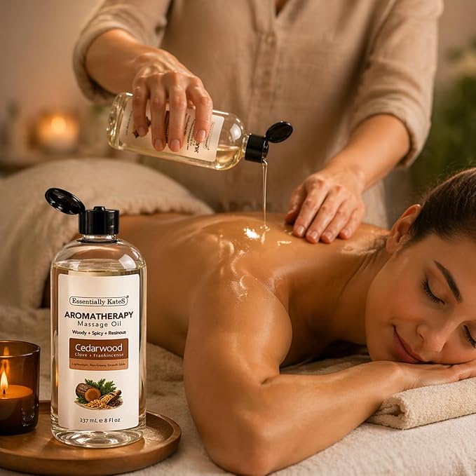 Aromatherapy Massage Oil – Cedarwood, Clove & Frankincense with Fractionated Coconut Oil, Lightweight Non-Greasy, Very Long-Lasting Glide and Excellent Slip, 100% Natural, 8 FL Oz