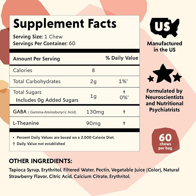 PYM Berry Mood Chews Support for Stress, Worry & Overwhelm, 60 Count | 130mg GABA, 90mg L-Theanine | Vegan,Non-GMO, Gluten-Free,No Added Sugar | All-Natural Mood Support Supplement in Resealable Bag
