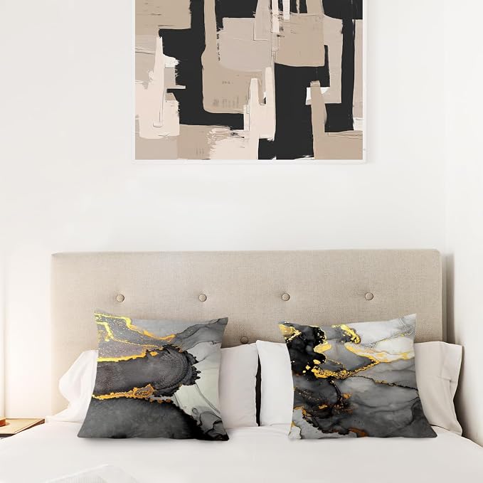 Black Grey and Gold Marble Pillow Covers 18x18 Double-Sided, Abstract Modern Decorative Throw Pillow Covers for Living Room Bedroom, Modern Home Decor, Black and Gold Decor, Set of 2