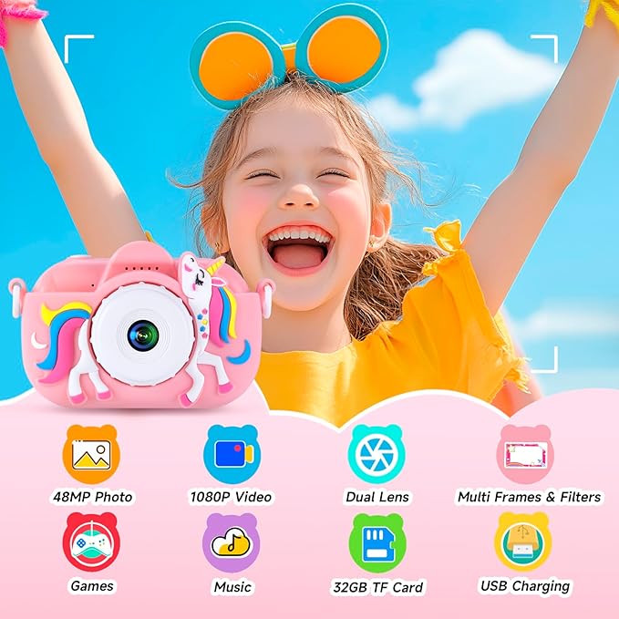 Kids Camera Toys for 3-8 Year Old Girls and Boys, Children Digital Camera with Cute Soft Silicone Case, 1080P Video Camcorder Present with 32GB SD Card – Birthday Gift for Kids