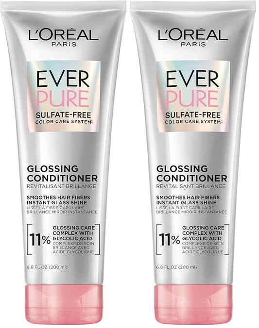 L'Oreal Paris Glossing Sulfate Free Conditioner with Glycolic Acid,Hair Care for Lasting Shine and Smoothness for Dull,Dry Hair,EverPure,6.8 Fl Oz,(Pack of 2)