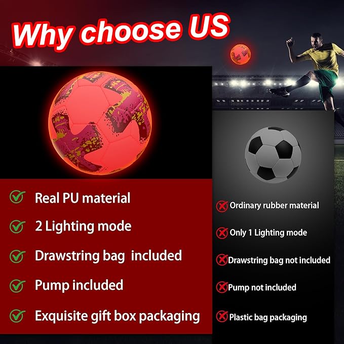 MOONTOY Light-Up Soccer Ball with LED Lights, Official Size 5 Soccer Ball for Kids, Teens & Adults - Perfect for Night Games, Training, and Outdoor Fun - Includes Spare Batteries