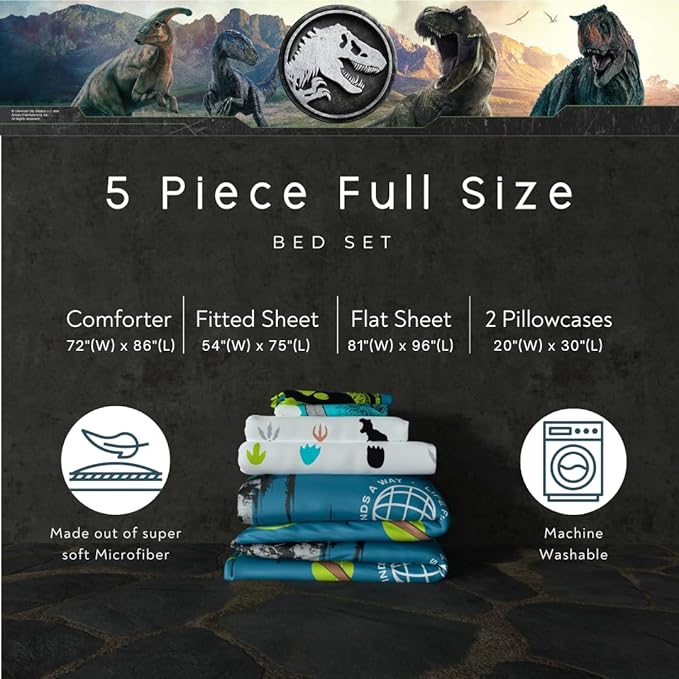 Jurassic World Rebirth Kids Bedding Super Soft Cozy Microfiber Comforter and Sheet Set, 5 Piece Full Size, (Officially Licensed Product) by Franco