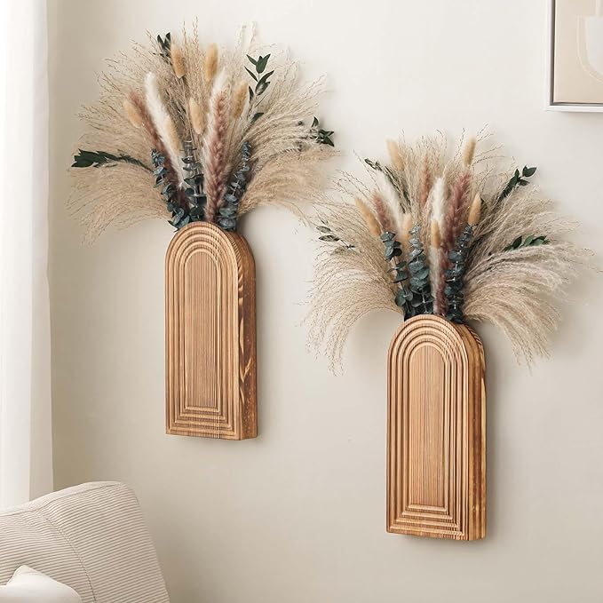 2 Pack Wooden Wall Vase Set with Pampas Grass Eucalyptus, Modern Farmhouse Boho Wall Decor for Living Room, Entryway, Hallway, Bathroom, Dining Room, Brown Wall Art for Home Decoration