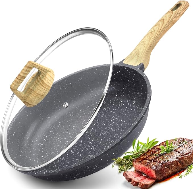 GiPP Nonstick Frying Pan Skillet with Lid - 9.5" Grey Granite Non Stick Pans, Omelette Pan with Heat-Resistant Handle, Compatible with All Stovetops, PFOA Free