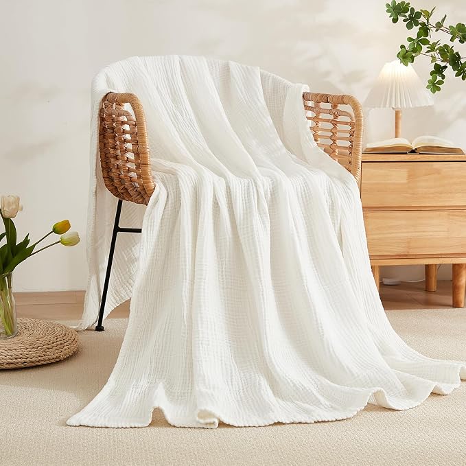 EMME Cotton Muslin Throw Blanket for Couch Breathable Gauze Soft Lightweight Blankets for Adults (White,50"x60")