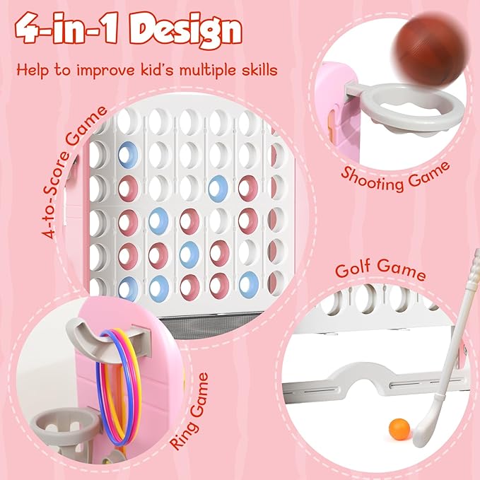 Giant 4 in-A-Row Connect Game Set, Adjustable Height Jumbo Yard Game with Basketball Hoop, Golf, Mesh Pocket & Ring Toss, Indoor Outdoor Family Backyard Party Game for Kids and Adults (Pink-White)