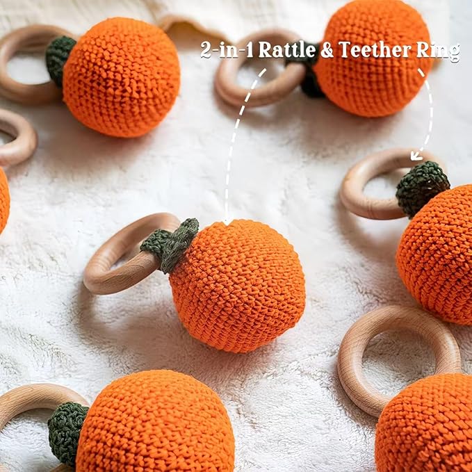 Wooden Baby Rattle Toys Stuffed Crochet Rattle with Teether Ring for Newborn Babies Fruit Wooden Teether Toy Infant Toddler Handcrafted Crochet Rattles Cute Shower Gifts for Boy and Girls
