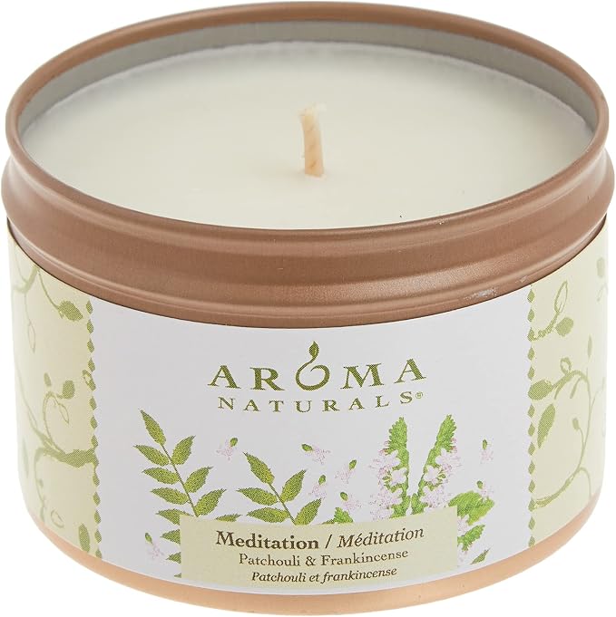 Aroma Naturals Tin Candle with Patchouli and Frankincense Essential Oil Natural Soy Scented, Meditation, 2 Count