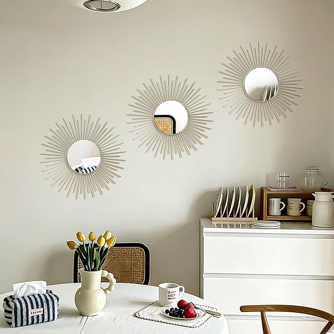 3 Pack Metal Mirrors for Wall Sunburst Wall Mirrors Home Décor Decorative Hanging Wall Art for Living Room Bedroom Entryway (Silver2, Sunburst)