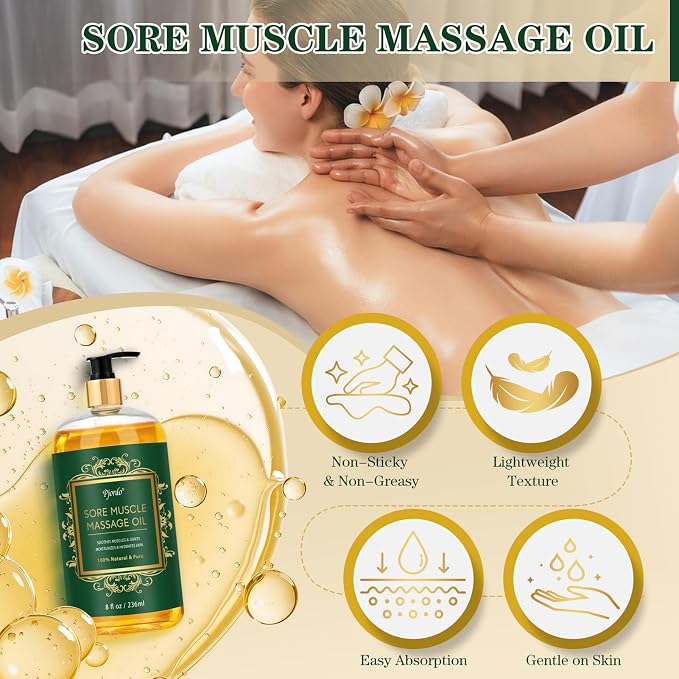 Pjordo Sore Muscle Massage Oil for Massage Therapy, 8 FL OZ Natural Body Massage Oil with Lavender Oil, Arnica & Chamomile Extract, Soothes Muscle and Joint for Professional & Home Use