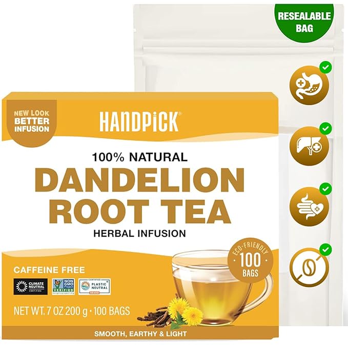 HANDPICK - Dandelion Root Tea bags, 100 Teabags - Natural Dandelion Herbal Tea - Non-GMO - Caffeine-free
